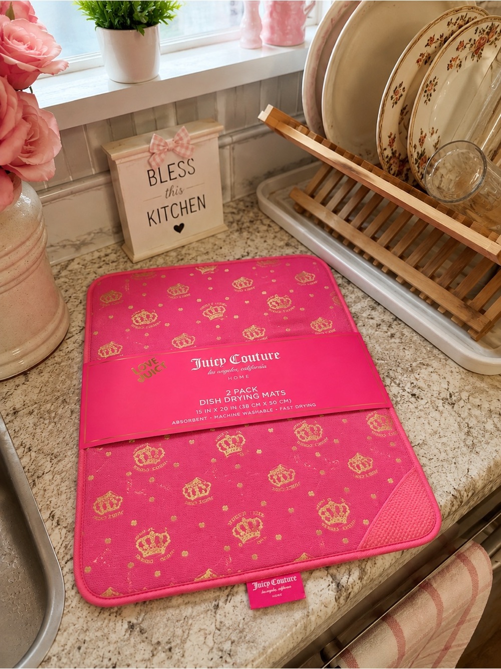 Juicy Couture 2 Pack Hot Pink Dish Drying Mats